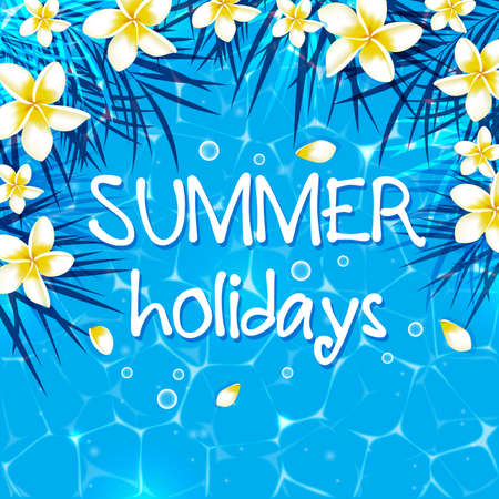 Blue summer marine background with tropical flowers. Tropical vector banner.のイラスト素材