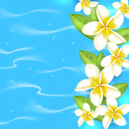 Tropical summer background with flowers and leaves in blue water. Tropical flowers on a blue background.のイラスト素材