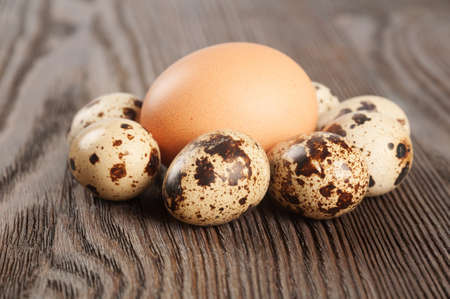 Quail and chicken eggs on a wooden tableの写真素材