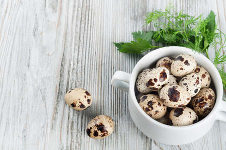 Quail eggs in a white plate and green dill on a wooden backgroundの写真素材