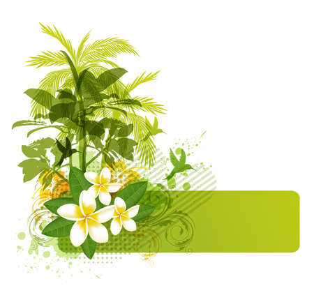 Abstract summer background with green palms and tropical flowersのイラスト素材