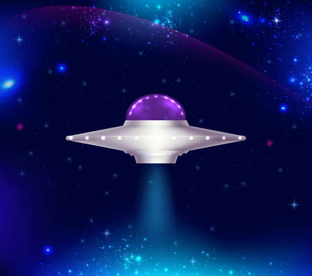 Fantastic background with UFO flying in space and shining starsのイラスト素材