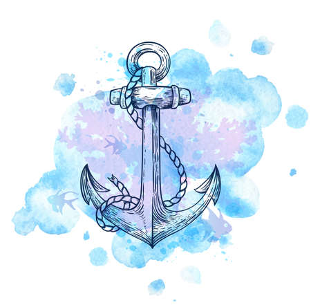 Vintage hand drawn vector anchor and blue watercolor blots.のイラスト素材