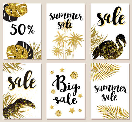 Set of summer tropical glitter vector cards for seasonal saleのイラスト素材