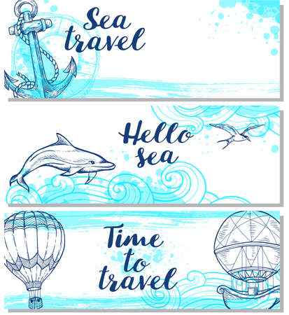 Blue horizontal marine banners. Hand drawn summer travel backgrounds.のイラスト素材