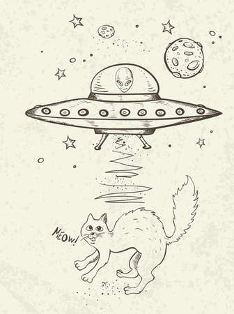 Fantastic doodle background with UFO abducts a cat. Vector illustration.のイラスト素材