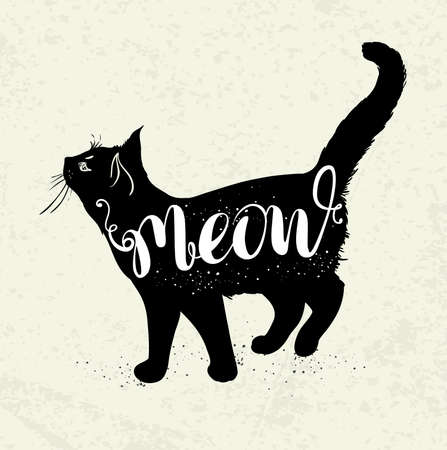Background with black cat and lettering "Meow". Hand drawn vector illustration.のイラスト素材