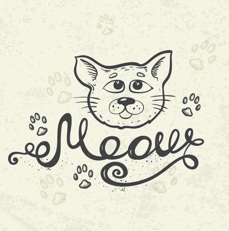 Background with cat muzzle and lettering "Meow". Hand drawn vector illustration.のイラスト素材