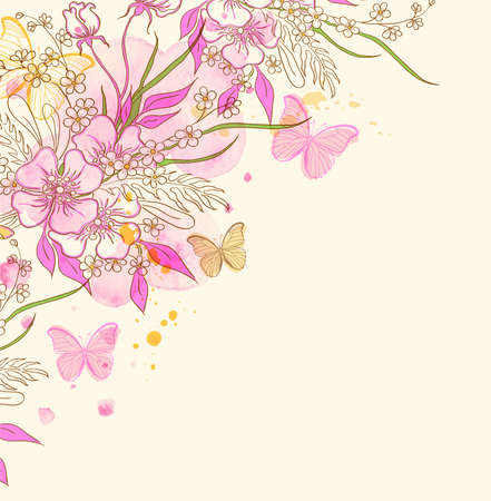 Abstract vector floral background with flowers, butterflies and pink watercolor blotsのイラスト素材