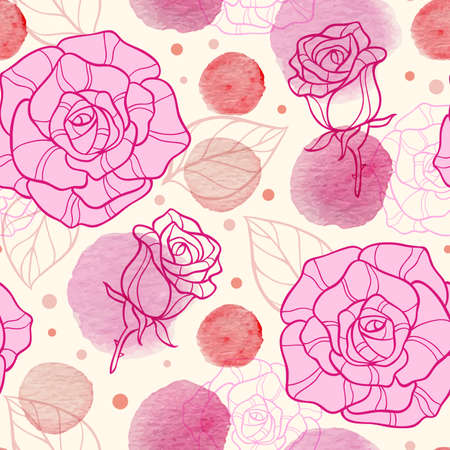 Abstract vector seamless pattern with pink watercolor blots and rosesのイラスト素材