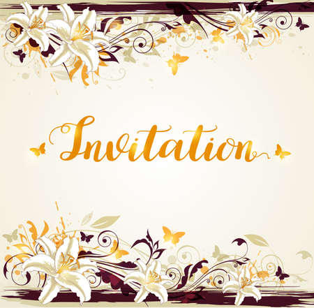 Decorative floral vector background with lily and butterflies.のイラスト素材