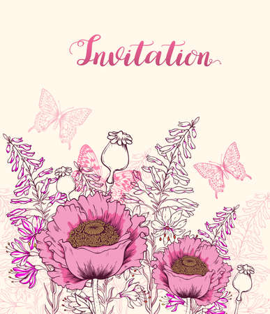 Vector floral background with pink  poppy, wildflowers and butterfly. Hand drawn vector illustration.のイラスト素材