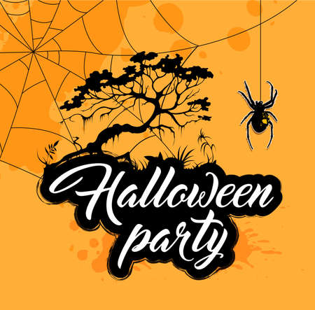 Halloween background with silhouette of tree and spider. Invitation for Halloween party.のイラスト素材