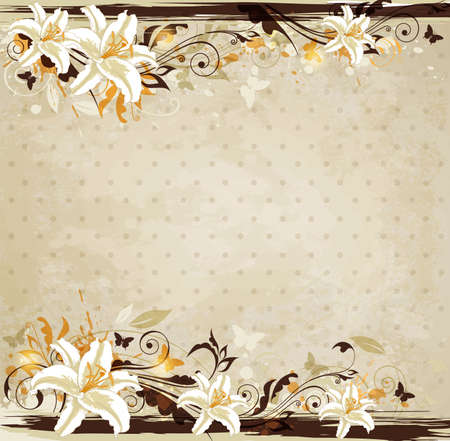 Decorative floral vintage vector background with lily and butterflies.のイラスト素材