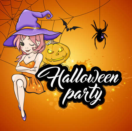 Cute young witch and pumpkin on orange background. Design for Halloween party.のイラスト素材