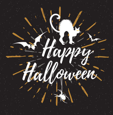 Black Halloween background with silhouette of cat. "Happy Halloween" lettering.のイラスト素材