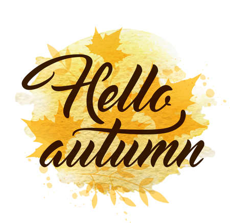 Abstract autumn background with yellow falling maple leaves. "Hello autumn" lettering and yellow watercolor blots.のイラスト素材