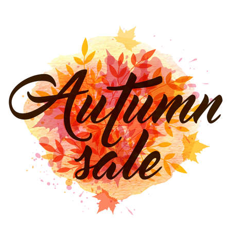 Abstract autumn background with yellow and red falling leaves. "Autumn sale" lettering and orange watercolor blots.のイラスト素材