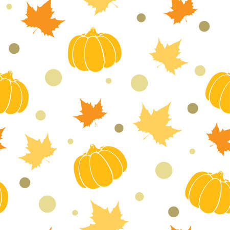 Vector seamless pattern with orange pumpkin and maple leaves. Abstract autumn background.のイラスト素材