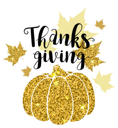 Luxurious golden glitter card with pumpkin and lettering. Greeting card for Thanksgiving Day. Holiday background.のイラスト素材