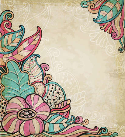 Abstract floral background with flowers and leaves. Vintage decorative vector background. Hand drawn illustration.のイラスト素材