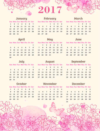 Calendar for 2017 year. Abstract background with pink watercolor blots, flowers and butterflies.のイラスト素材