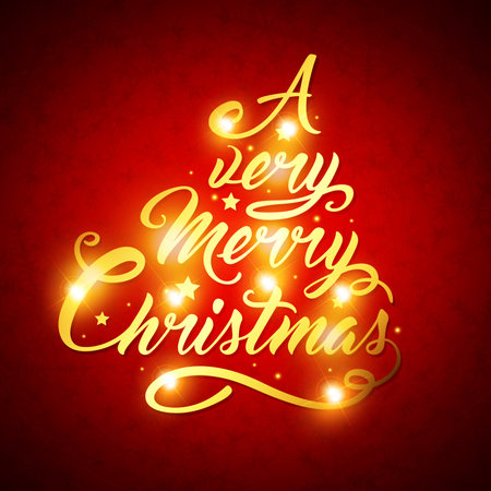 Red Christmas background with golden greeting inscription. Lettering in the form of a Christmas tree.のイラスト素材