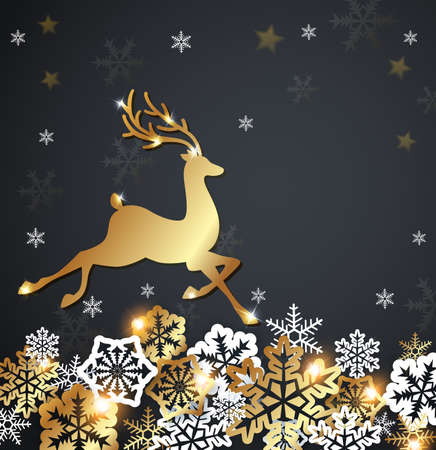Christmas luxurious background with golden deer and snowflakes. Design for Christmas card.のイラスト素材