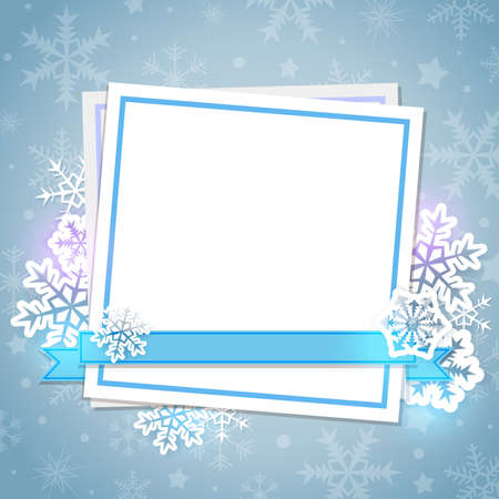 White paper card and snowflakes on a blue background. Christmas background.のイラスト素材