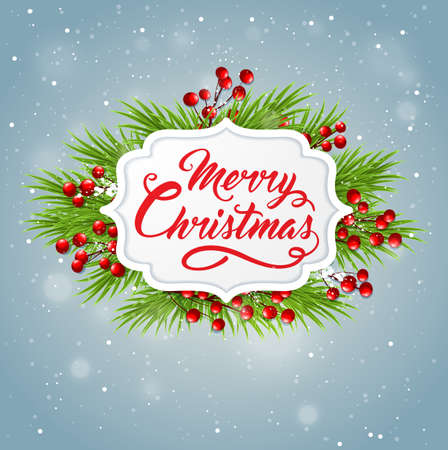 Decorative Christmas banner with green fir branch and red berries. Merry Christmas lettering.のイラスト素材