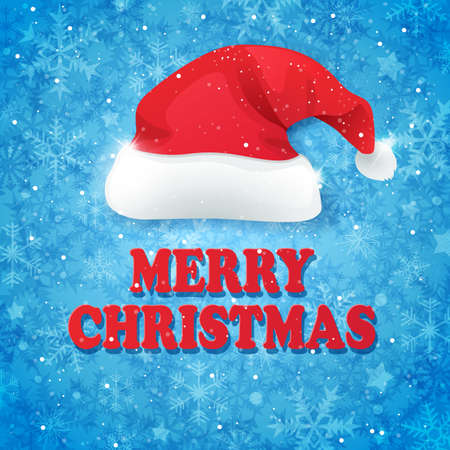 Blue Christmas background with hat of Santa Claus and greeting inscription. Merry Christmas lettering. Design for Christmas card.のイラスト素材