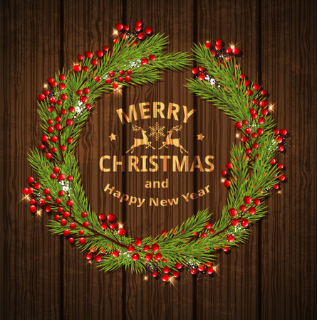 Decorative Christmas wreath with red berries and green fir branches. Merry Christmas lettering.のイラスト素材
