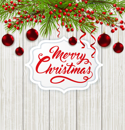 Christmas card with green fir branch, red decorations and greeting inscription on a wooden background. Vector illustration. Merry Christmas lettering.のイラスト素材