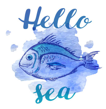 Hand drawn marine summer background with blue watercolor texture and fishのイラスト素材