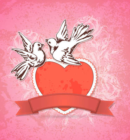 Vintage hand drawn Valentine card with two white doves and red heart on a pink backgroundのイラスト素材