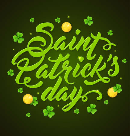 Lettering and clover leaves on a green background. Greeting card for St. Patrick's Dayのイラスト素材