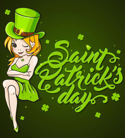 Pretty Girl in a green dress and lettering. Greeting card for St. Patrick's dayのイラスト素材