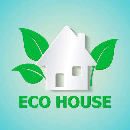 White paper house and leaves on a green background. Ecology concept.のイラスト素材