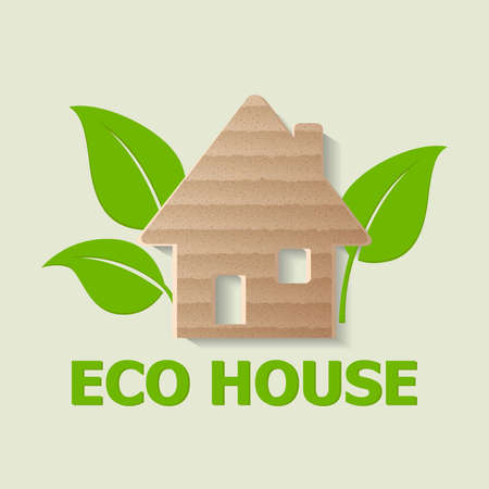 Cardboard house and green leaves. Ecology concept.のイラスト素材