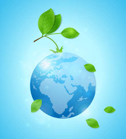 Planet Earth and green leaves on a blue background. Card for Earth Day.のイラスト素材