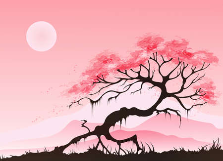 Spring landscape with cherry blossom and mountains on a pink backgroundのイラスト素材