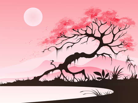 Landscape with cherry blossom and mountains on a pink backgroundのイラスト素材