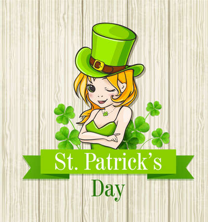 Girl in a green hat on wooden background. Design for St. Patrick's day.のイラスト素材