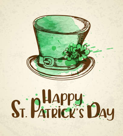 Green hat and watercolor blots. Vintage greeting card for St. Patrick's dayのイラスト素材