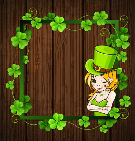 Clover leaves and girl in green frame on a wooden background. Design for St. Patrick's day.のイラスト素材
