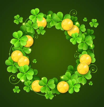 Wreath of clover leaves and golden coins on a green background. Design for St. Patrick's day.のイラスト素材