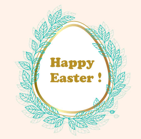 Easter decorative background with egg and green leaves. Greeting card design.のイラスト素材