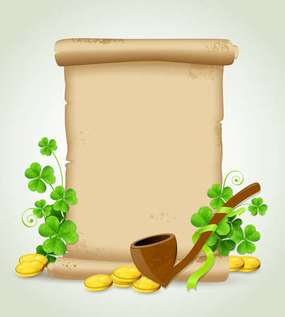 Decorative background with scroll, clover leaves and tobacco pipe for St. Patrick's Dayのイラスト素材