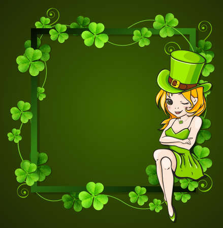 Clover leaves and girl in frame on a green background. Design for St. Patrick's day.のイラスト素材