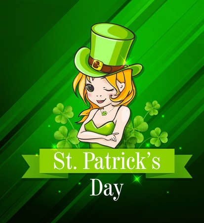 Girl in a green hat on abstract background. Design for St. Patrick's day.のイラスト素材